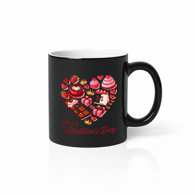 Zwarte Magic Mug Happy Valentine’s Day – Romantische Keramische Koffiemok 330 ml – Hartjes & Chocolade Liefdescadeau