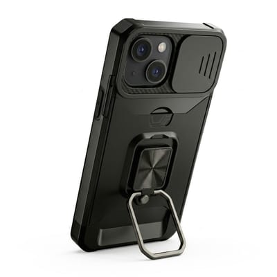 Zwart telefoon hoesje geschikt voor iPhone 15 – robuuste backcover case dames en heren – schokbestendig ontwerp met metalen standaard en kaarthouder