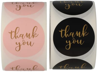 2 stuks Thank You Stickers 35 mm - 500 Stickers op een Rol - Bedankt Stickers voor Verpakking, Verjaardag, Cadeau, Webshop, Roze en Zwart met Gouden Letters, Labels, Dappaz