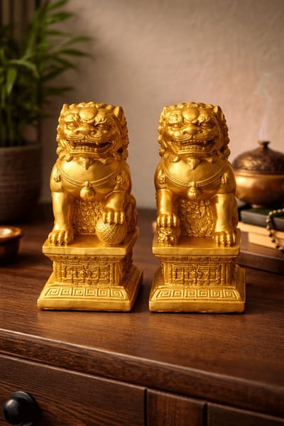 Leeuwenwachters set – goud – 2 stuks – boeddhistische beschermleeuwen – Feng Shui decoratie – hoogglans beeldjes