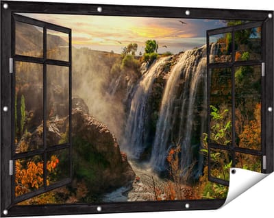 Gards Tuinposter Doorkijk Watervallen vanaf de Kliffen - 120x80 cm - Tuindoek - Tuindecoratie - Wanddecoratie buiten - Tuinschilderij