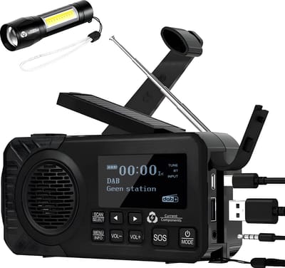 Noodradio - DAB+ - Solar Opwindbaar - Powerbank - Draagbare Radio - Noodpakket - Zaklamp - Opladen en op Batterijen - Bluetooth - Volledig Nederlands