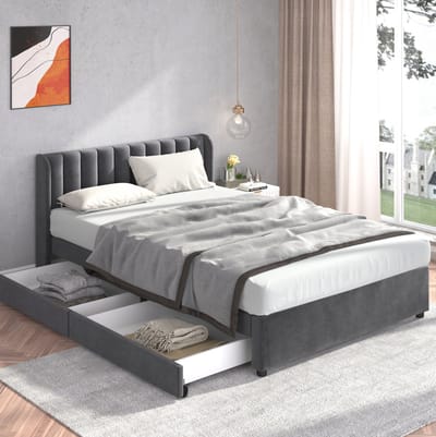 MEUNIQ gestoffeerd bed 140 x 200 cm met lattenbodem, hoog hoofdbord en 2 lades, tweepersoons bedframe voor slaapkamer of logeerkamer, grijs