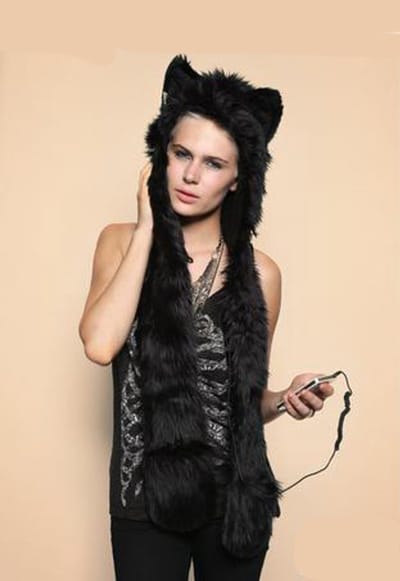 KIMU® Hood Zwarte Panter - Muts met Sjaal, Wanten En Oortjes - Faux Fur Zwart Bont Berenmuts Flappen Bontmuts Capuchonmuts Spirit Festival
