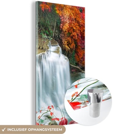 MuchoWow® Glasschilderij 20x40 cm - Schilderij acrylglas - Bomen - Waterval - Herfst - Natuur - Foto op glas - Schilderijen