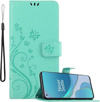 Cadorabo Hoesje geschikt voor OnePlus 8T in Turkoois - Beschermhoes in bloemmotief met magnetische sluiting, standfunctie en kaartsleuven Book Case Cover Etui