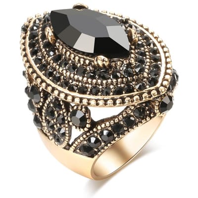 Luxe Zwarte Antieke Ring Voor Vrouwen Vintage Look Aaa Kristal Boho Sieraden Gouden Kleur Bedel Etnische Trouwring 10 gray