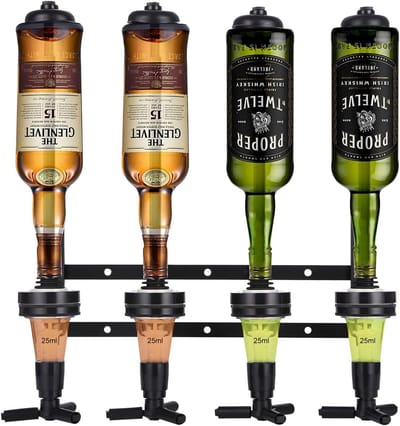 Dailygoods- Flessenhouder met doseerder - Wandflessenhouder voor 4 flessen - Drankdispenser - Cocktailbar accessoires - Innovatief ontwerp - Geschikt voor thuis en feestjes