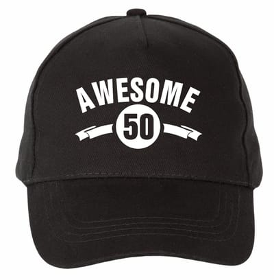 Mijncadeautje - 5 panel - Cap - Verstelbaar - Pet van 100% dik geborsteld katoen- unisex - opdruk wit - Awesome 50 jaar - zwart