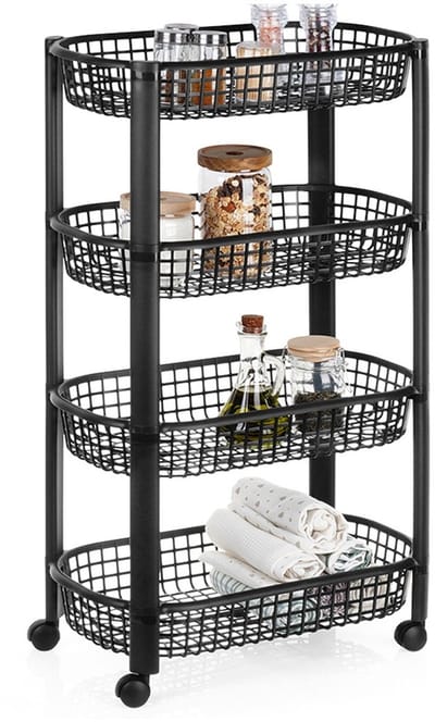 Opbergwagen 4 Niveaus 46,5x26x79 cm - Badkamer Trolley - Keukentrolley - Keukenrek met Wielen - Badkamerrek - Rek - Opbergrek