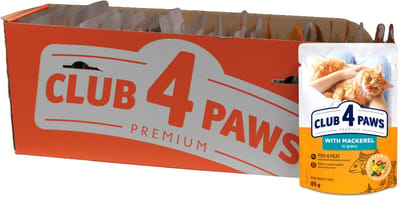 Kattenvoer Club 4 Paws - Makreel in Jus - Compleet Natvoer 24x85gr met Omega 3 & 6