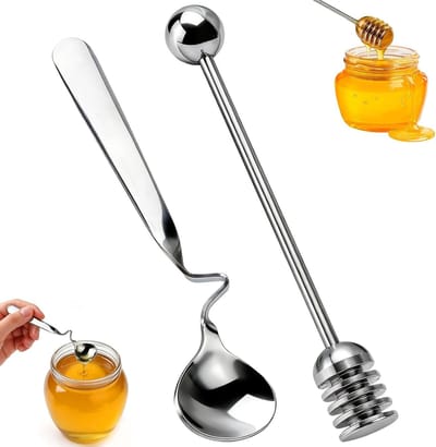 Set van 2 roestvrijstalen honinglepels en jamlepels voor het serveren van jam, yoghurt en siroop