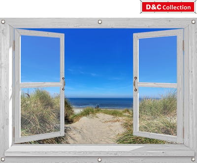 D&C Collection - tuinposter - 130x95 cm - doorkijk - Openslaand venster wit - luxe uitvoering - duinovergang naar strand - schuttingposter - tuindecoratie - balkonposter