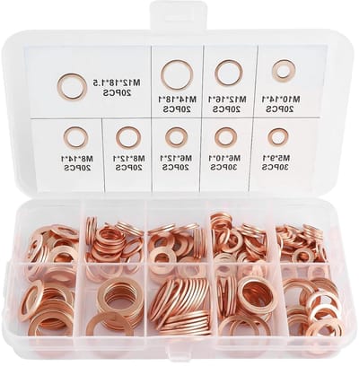 Assortiment van 200 Stuks Koperen Schijven en Vlakke Ringen voor Olieafvoerpluggen - M5, M6, M8, M10, M12, M14 (9 Maten)