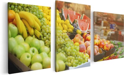 Artaza Canvas Schilderij Drieluik Vers Fruit Op De Markt - 120x60 - Foto Op Canvas - Canvas Print