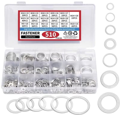 Famanu – 510 stuks Automotive Metrische olieaftappluik afdichting, crush washer set, 17 maten aluminium platte sluitring assortiment kit, M5 M6 M8 M10 M12 M14 M16 M18 M20 M22 M24, gesorteerde sluitringen.