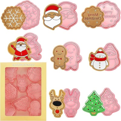 Set van 8 Kerstvormpjes voor Koekjes - 3D Koekjesuitsteekvormen met Stempel voor Thuisgebakken Koekjes, Chocolade, Bonbons en Taartdecoratie