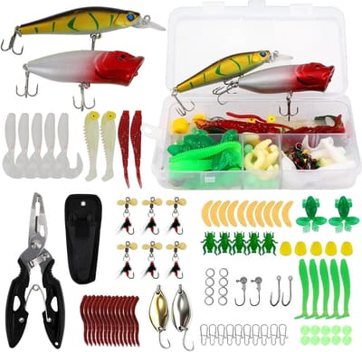 Complete set van 83 visaccessoires met aasdoos en tang – inclusief kunstaas, rubberen vissen, beetmelders, poppers, wobblers en jigheads voor snoek, zanders, forel en baars in zoetwater