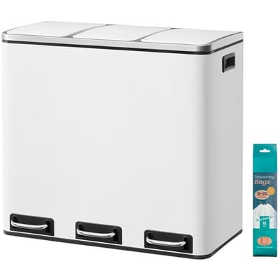 Ochama Drievoudige Afvalbak, 3 x 18L Prullenbak met Pedalen, Softclose Deksel, Staal, voor Keuken, Wit
