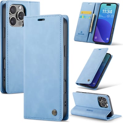 Casemania Hoesje Geschikt voor Apple iPhone 16 Pro Max - Sky Blue - Dunne Portemonnee Book Case - Slim Wallet Case met Pasjeshouder