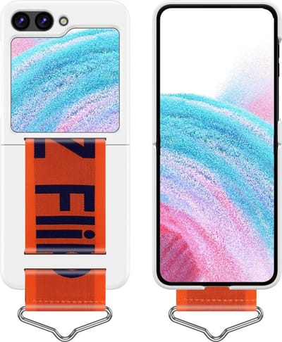 Lunso - Geschikt voor Samsung Galaxy Z Flip5 - Hoes met band - Wit/Oranje