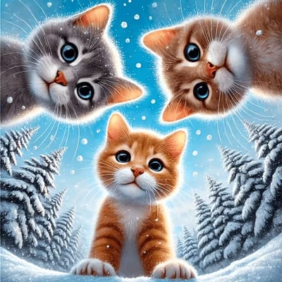 diamond painting kittens kijken in een bevrorren vijver en zien zich zelf in de weerspiegeling zo lijkt het ! 30 x 30 cm