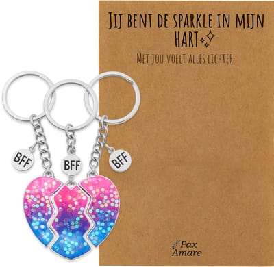 BFF Sleutelhanger voor 3 'Jij bent de sparkle in mijn hart' - Magnetisch Glitter Hartje - Sleutelhanger set op Cadeau Kaartje - Zilverkleurig - Vriendschap Symbool - Pax Amare