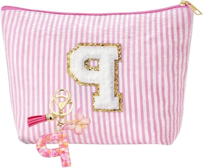 SnelShoppen - Persoonlijke Make-up Tas met Sleutelhanger en Initialen voor Vrouwen, Roze, Grote Capaciteit 28x19x8.5 cm, Perfect Cadeau voor Moeders,