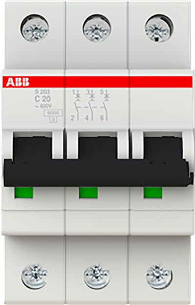 ABB Installatieautomaat 3-polig 20 A curve C 6 kA S203 AC/DC - 2CDS253001R0204