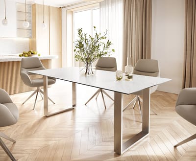 Eettafel Edge keramiek Laminam® Statuarietto wit 200x100 roestvrij staal smal