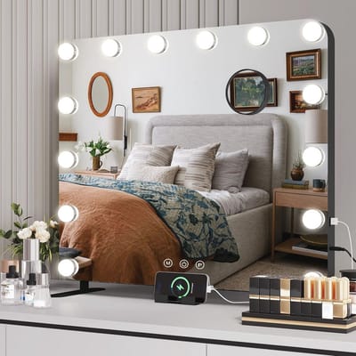 Verlichte make-upspiegel 60 x 50 cm met 14 dimbare LED's, USB-oplaadpoort, en mobiel houder - 3 kleurlichtmodi