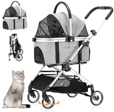 Honden Buggy 3-in-1 - Vouwbare Dierenwagen tot 20 kg - Eenvoudig met Één Hand op te Vouwen en Voetrem - Geschikt voor Kleine Honden en Katten, Grijs
