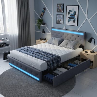Gestoffeerd tweepersoonsbed - Bed met opbergruimte - Slaapkamer organiseren - Geïntegreerde LED-verlichting - 140 x 200 cm - Beige