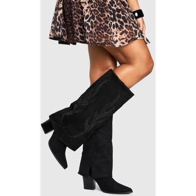 boohoo Dames Western gedetailleerde omgeslagen laars | Black | Maat: 3
