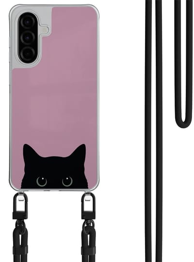 Hoesje met koord geschikt voor Samsung Galaxy A26 - Zwarte kat - Inclusief Zwart koord - Crossbody beschermhoes - Transparant, Roze - Mooie Telefoonhoesjes