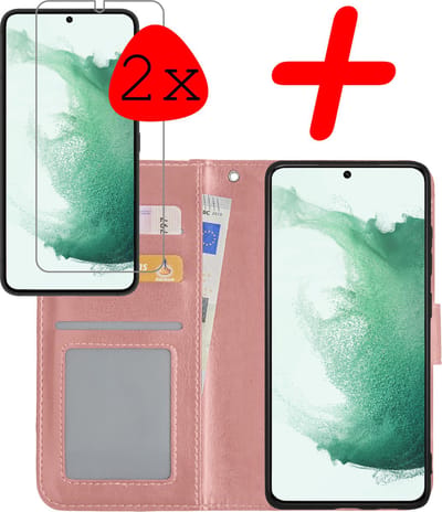 Hoesje Met 2x Screenprotector - Geschikt voor Samsung Galaxy S22 - Luxe Pasjeshouder - Bookcase Portemonee - Flip Case - Kunstleer Book Case - Flipcase Hoes - Book Cover - Walletcase - Portemonneehoes - Rosé goud