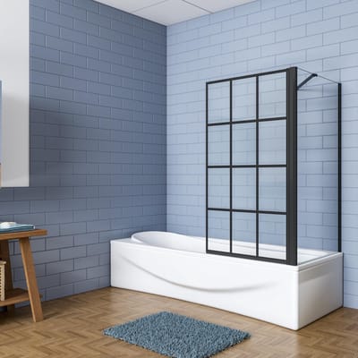 Aica Industriële Badwand 80x70x140cm -Draaibaar 6mm Zwart Gehard Glas met Regelmatig Blokpatroon-Mat Zwart Frame-Eenvoudige Montage