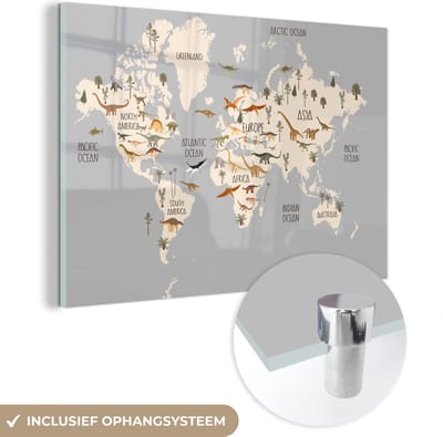 ® Glasschilderij 150x100 cm - Schilderij acrylglas - Wereldkaart - Kinderkamer - Dinosauriërs - Jongens - Meisjes - Kinderen - Foto op glas - Muurdecoratie woonkamer - Wanddecoratie slaapkamer - Schilderijen
