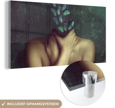 MuchoWow® Glasschilderij 80x40 cm - Schilderij acrylglas - Torso - Stilleven - Vlinders - Blauw - Foto op glas - Muurdecoratie woonkamer - Wanddecoratie slaapkamer - Schilderijen