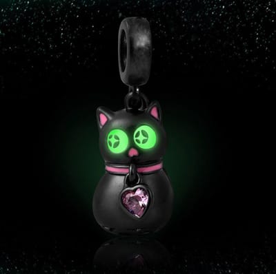 Fler® | Bedel | Past op populaire bedel armbanden (standaard-3mm) | armbandbedel | Zwarte kat bedel | Glow in the dark | Hangbedel Charm | 925 Sterling Zilver | Emaille Zwart, roze en geel | Zirkonia Roze | Armband Kraal | Cadeau | Valentijn kado