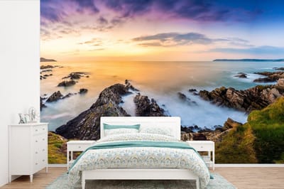 Behang - Fotobehang Zonsondergang - Horizon - Water - Landschap - Blauw - Breedte 360 cm x hoogte 240 cm