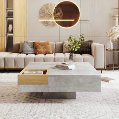 DESMIU Salontafel - Moderne Salontafel Met Uitneembare Opbergbox - Compact Voor Woonkamer En Interieur - Spaanplaat - Betongrijs En Houtkleur - 72x72x30 Cm