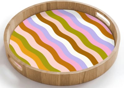 Dienblad rond 40x40 cm - Schootdienblad hout - lijnen - Golven - Pastelkleuren - Patroon - Borrelplank rechthoek - Plateau houten dienbladen