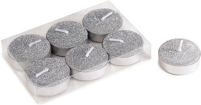 Glitter Waxinelichtjes/Theelichtjes Zilver - 6 stuks Ø 3.5 x 1 cm - in transparante box - Kerst - kaarsen