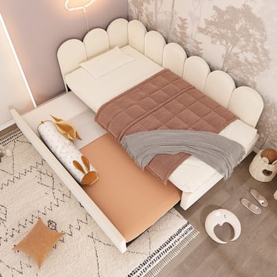Pugsdrly Gestoffeerd bed Daybed 90x200cm, slaapbank met uitschuifbed 90x190cm, kinderbed met lattenbodem, fluweel, beige, zonder matras