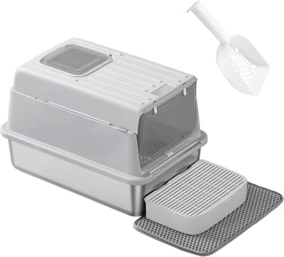 Feandrea - Kattenbak - Van Roestvrij Staal - Met Deksel en Schep - 2 Ingangen - Inclusief Mat