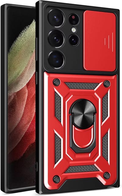 MobyDefend Hoesje - Geschikt voor Samsung Galaxy S23 Ultra - Pantsercase Met Draaibare Ring - Rood