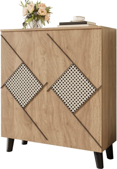 Schoenenkast - Modern - Decoratief Rattan Motief - 80 x 32 x 91 cm - Stijlvolle Kast voor Gang - Gesloten Deuren en Opbergvlakken - Wit