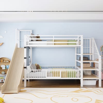 VVBV Stapelbedframe 90x200 cm met Voor Kinderen/Tieners, Ruimtebesparend - Glijbaan, Trap/Ladder, Planken - Metaal Wit