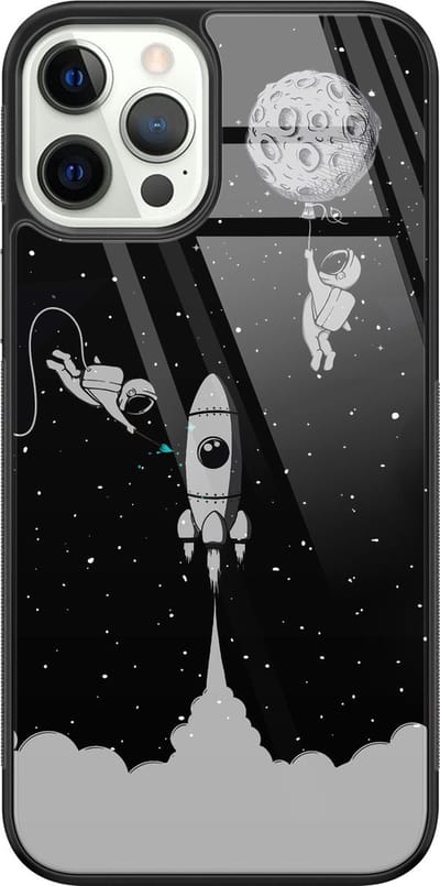 Hoesje geschikt voor iPhone 12 Pro - Space shuttle - Luxe Glazen Hardcase - Sterren - Grijs - Leuke Telefoonhoesjes